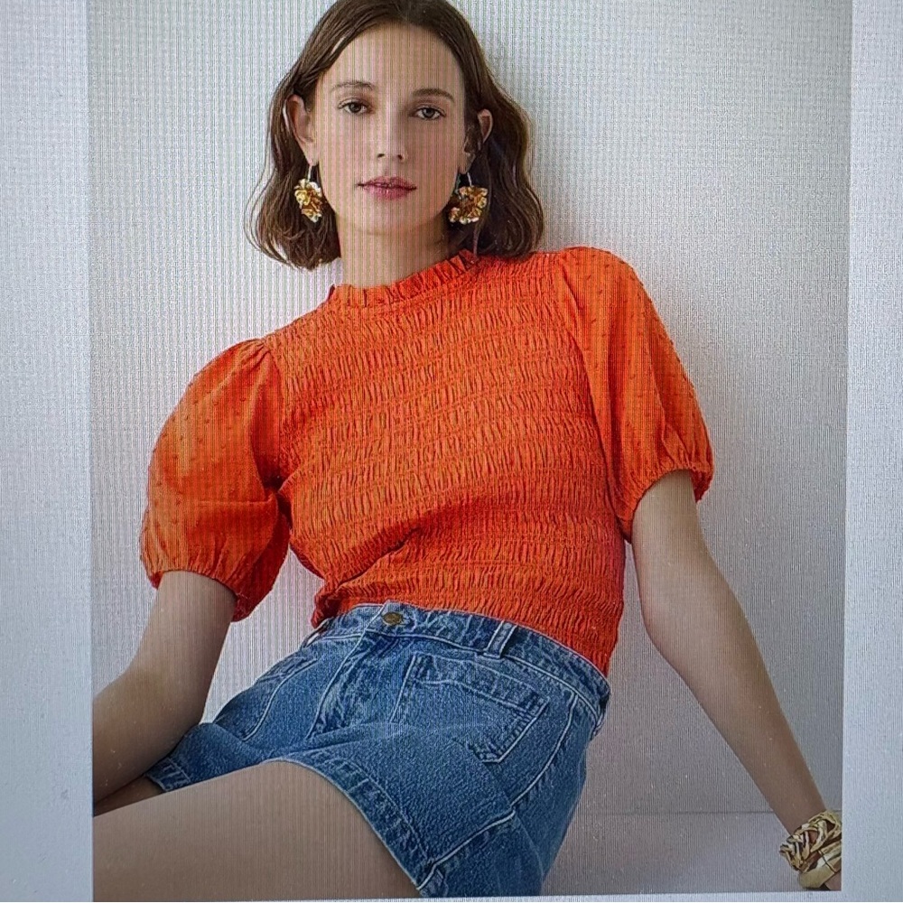 J Crew Puff-Sleeve Textured Voile Smocked Top Crisp Begonia Size Medium